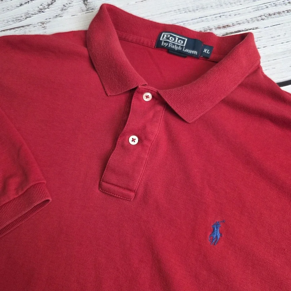 Polo Ralph Lauren Mens XL Polo Red Cotton Short Sleeve Blue Pony‎ Small Flaw